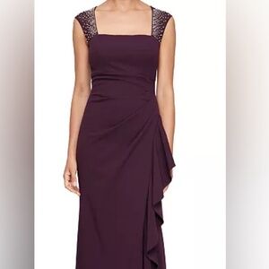 ALEX EVENINGS Studded-Strap Waterfall-Ruffle Evening Gown Plum Sz 14